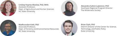 Headshots of the 4 Science Policy Panelists: Lindsey Haynes-Maslow, Madhusudan Katti, Brian Clark, and Alexandra Sutton Lawrence