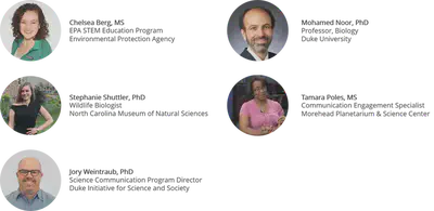 Headshots of the 5 Sci Comm Careers Panelists: Stephanie Shuttler, Jory Weintraub, Mohamed Noor, and Tamara Poles